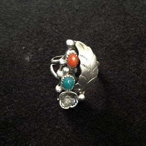 Turquoise And Coral Navajo Ring